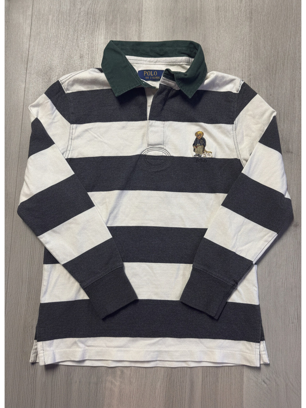 Polo Ralph Lauren Boys Rugby Shirt Bear Embroidery Black White Striped Medium